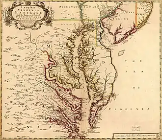 Image 2Map of Chesapeake Bay area by John Senex, 1719, with Baltimore County labeled near Maryland's border with Pennsylvania. (from History of Baltimore)