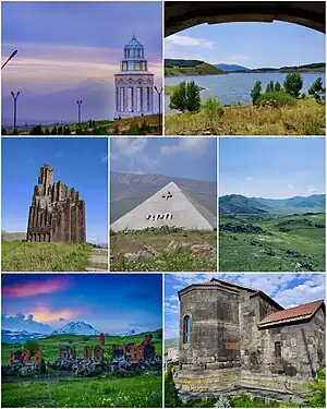 From top left: Holy Angels Church with Mount AragatsAparan reservoir • Battle of Abaran memorial  Mausoleum of Dro • Natural landscape of AparanArmenian alphabet park • Kasagh Basilica