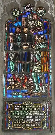 Stained-glass window depicting the Oxford Martyrs. Located in Christ Church, Little Rock, Arkansas, USA.
