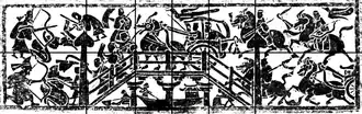Eastern Han tombs sometimes have depiction of battles between Hu barbarians, with bows and arrows and wearing pointed hats (left), against Han troops. Eastern Han Dynasty (151–153 AD). Tsangshan Han tomb in Linyi city. Also visible in Yinan tombs.
