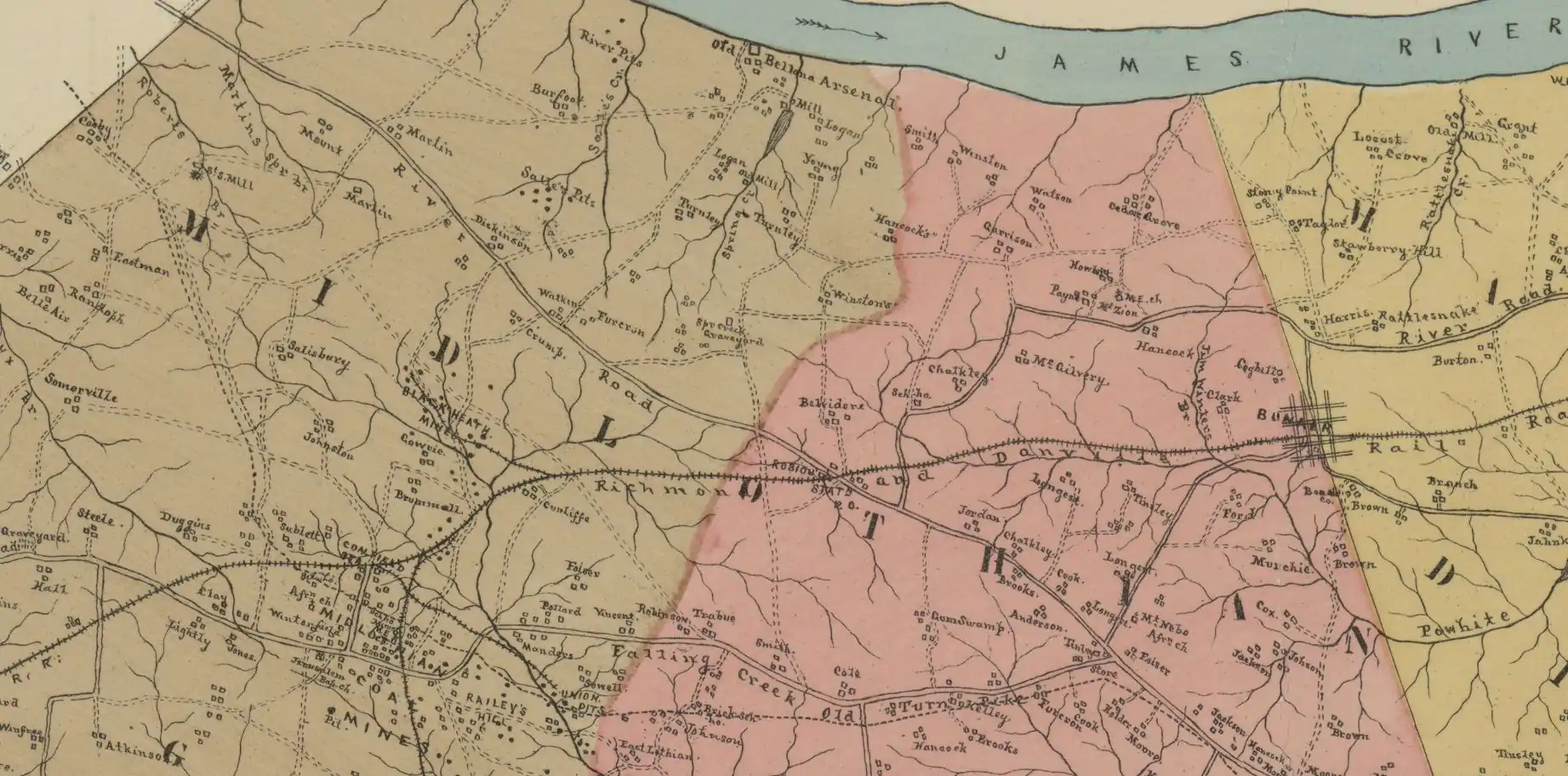 This 1888 map shows the location of the Black Heath mines south of present day Robious Road east of the Salisbury House between the Coalfield Station and Robious Station on the Richmond and Danville rail line.