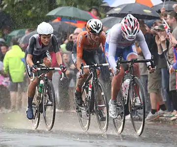 The leaders of the women's road race, one of the cycling events at the 2012 Olympic Games in London, near the finishing line. Cycling at the 2012 Summer Olympics – Women's road race, by Diliff
