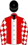 Red, white stripe, white diamonds on sleeves, black cap
