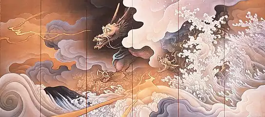 Folding screen Dragon and tiger right side, 1895. Important Cultural Property. Seikadō Bunko Art Museum