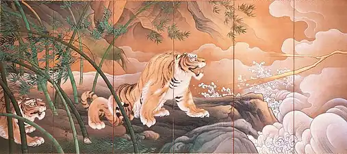 Folding screen Dragon and tiger (竜虎図) left side, 1895. Important Cultural Property. Seikadō Bunko Art Museum
