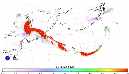 Image 10Sarychev Peak: the sulphur dioxide cloud generated by the eruption on June 12, 2009 (in Dobson units). (from Timeline of volcanism on Earth)
