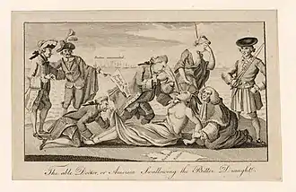 "The able doctor, or American swallowing the bitter draught" by Paul Revere, in Royal American Magazine, January 1774.