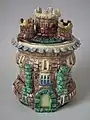 Tobacco jar and cover,   c. 1870, coloured glazes, Portugal.