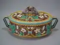 Victoria Pottery Company Pie dish and cover, coloured glazes, c.1880.
