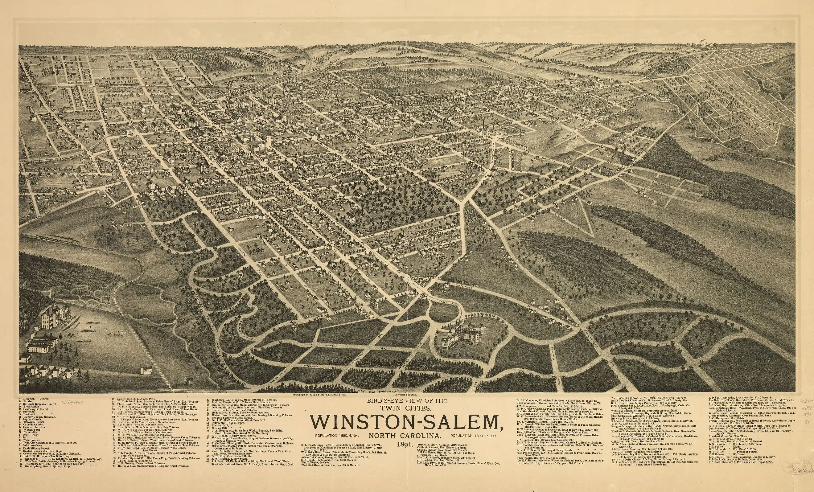 1891 Bird's eye view of the corner of Main and First Streets in Winston-Salem. Starbuck's two-story home can be seen prominently.