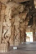 Yali pillars of a mantapa at Vittala temple, Hampi